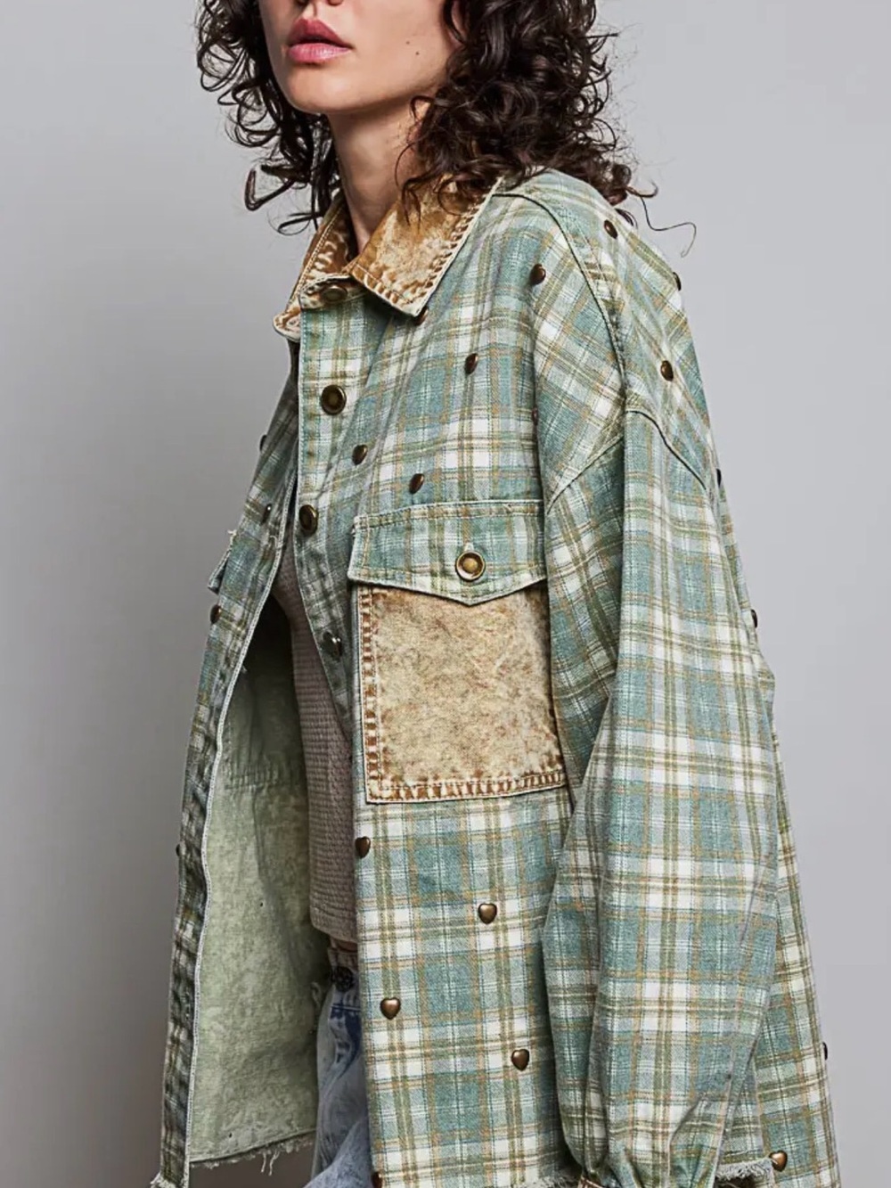 POL Heart Stud Vintage Wash Olive Green & Tan Plaid SHACKET NEW FALL WINTER - Picture 3 of 11